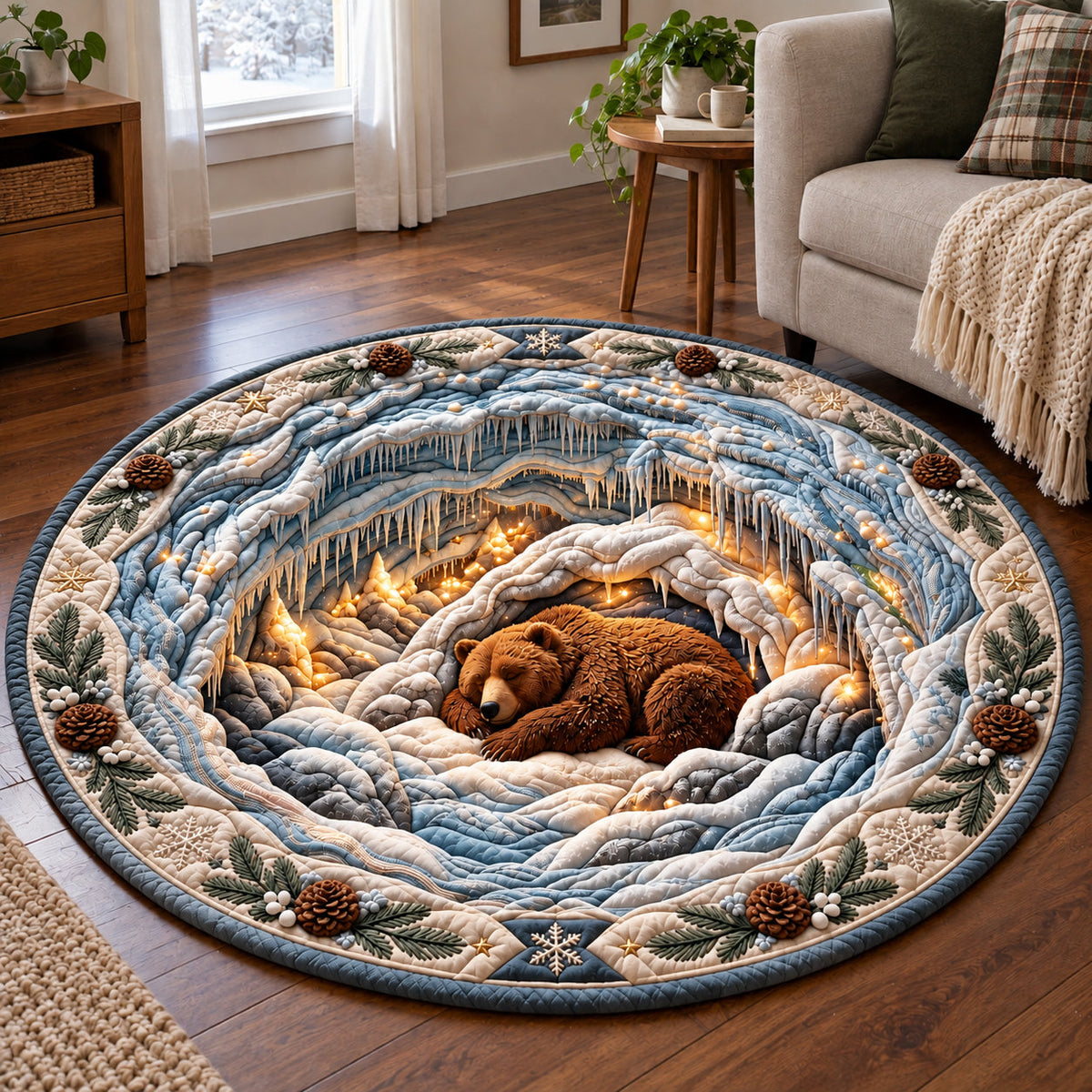 Winter Bear Cave Round Mat Rug - Cute Animal Design | Charming Home Decor - washable non-slip printed rug