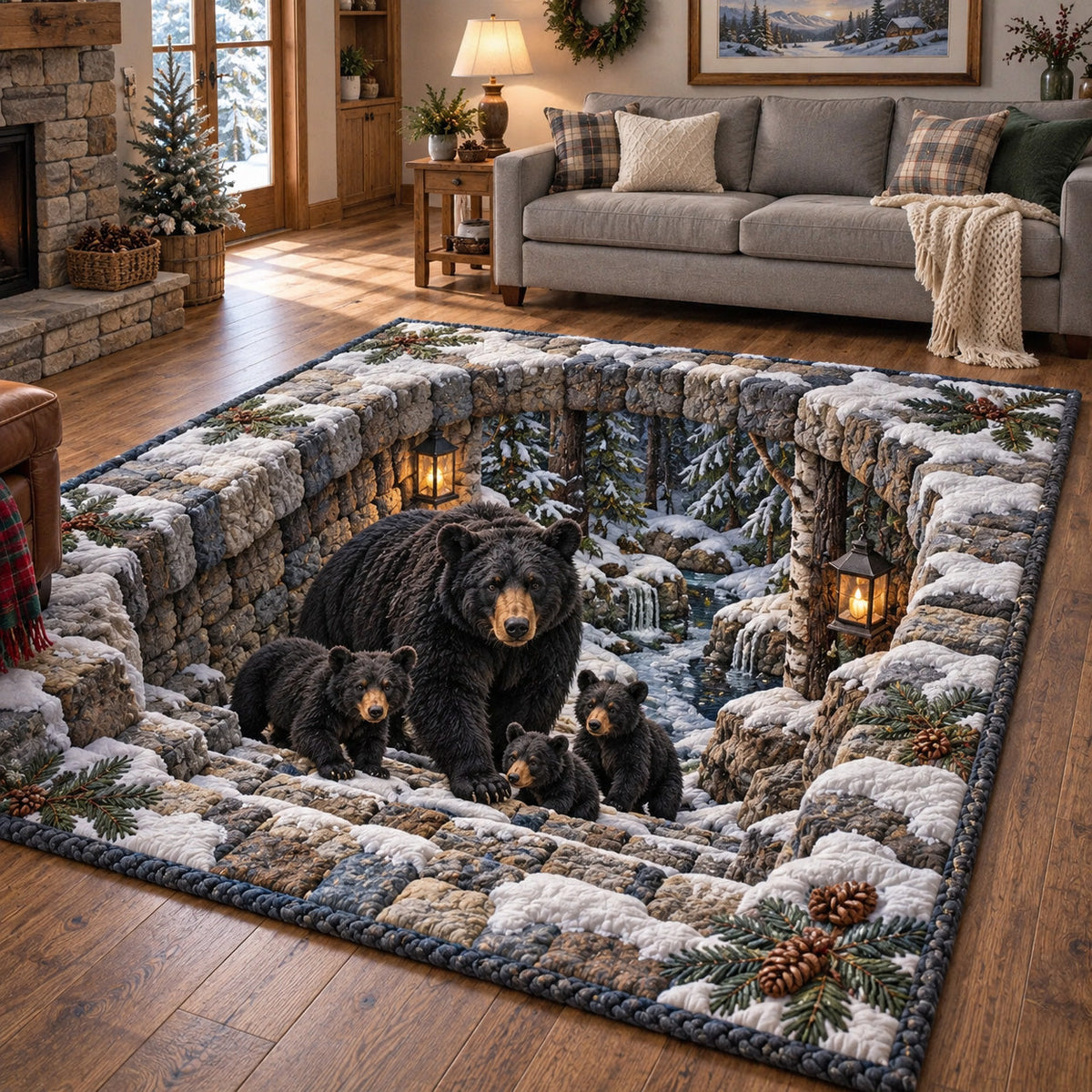 Winter Bear Family area rug in a living room