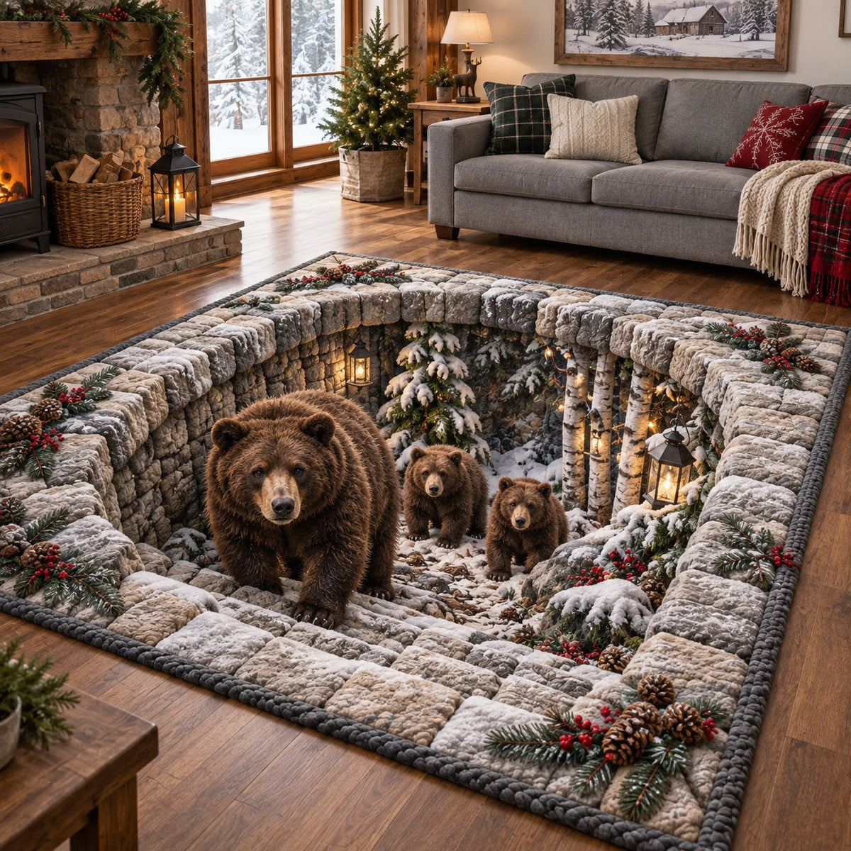 Winter Bear Family area rug in a living room