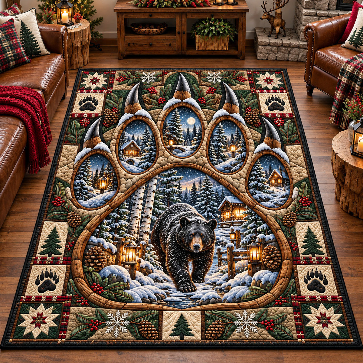 Winter Bear Paw area rug in a living room