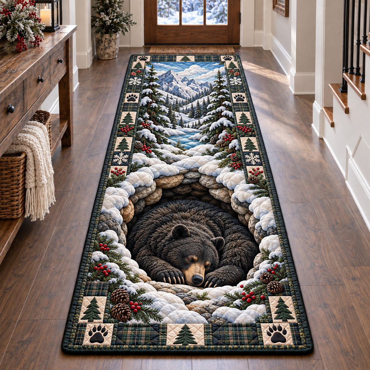 Winter Bear Slumber Runner Rug - Cute Animal Design | Charming Runner Rug - washable non-slip printed rug