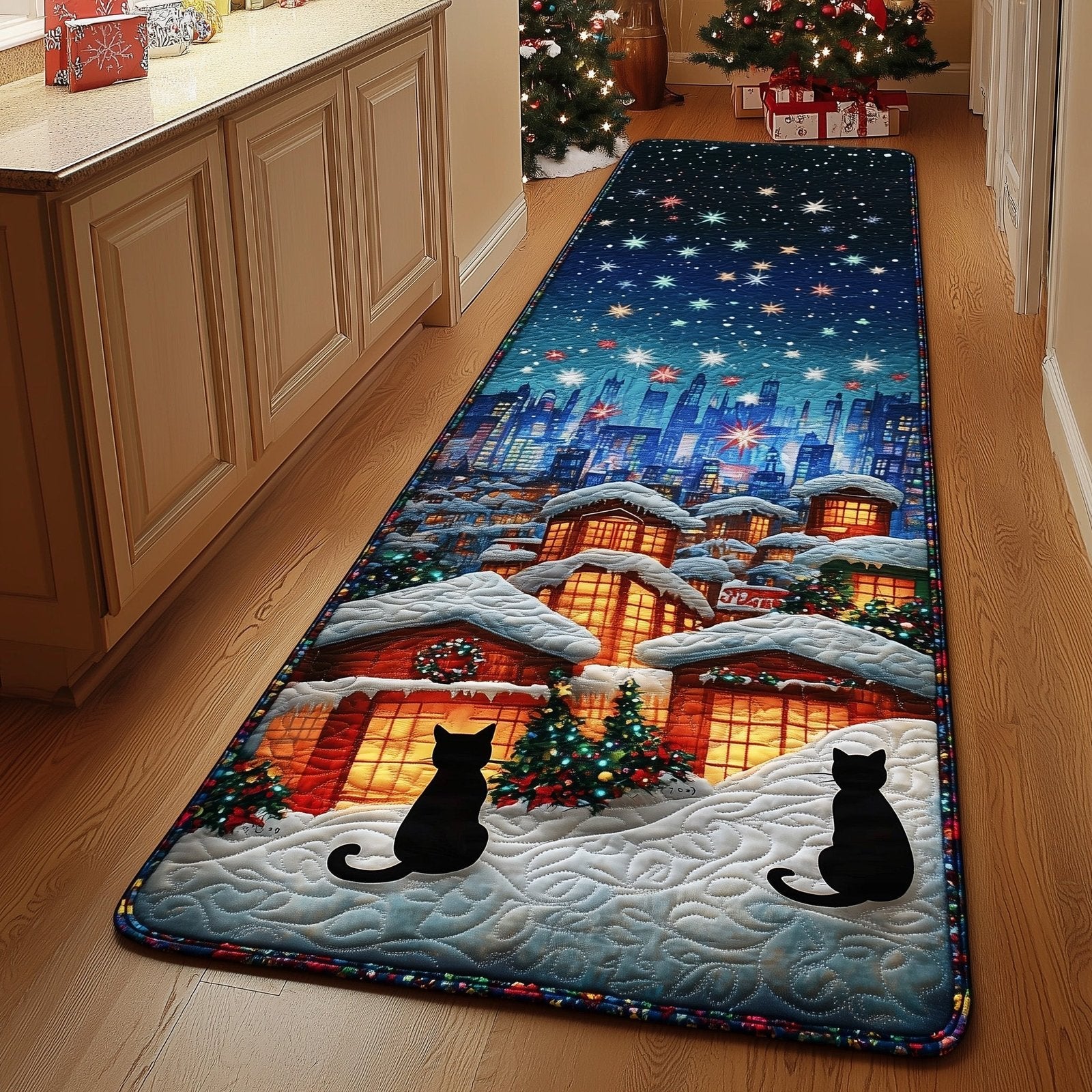 Winter Black Cat Runner Rug - Cute Pet Design | Animal Printed Runner Rug