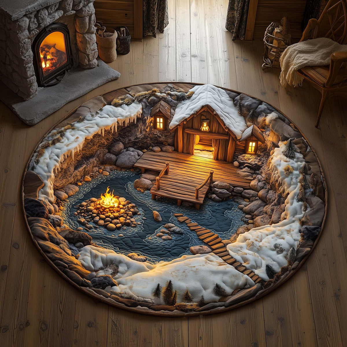 Winter Cabin (Design 4) Round Mat Rug - washable non-slip printed rug