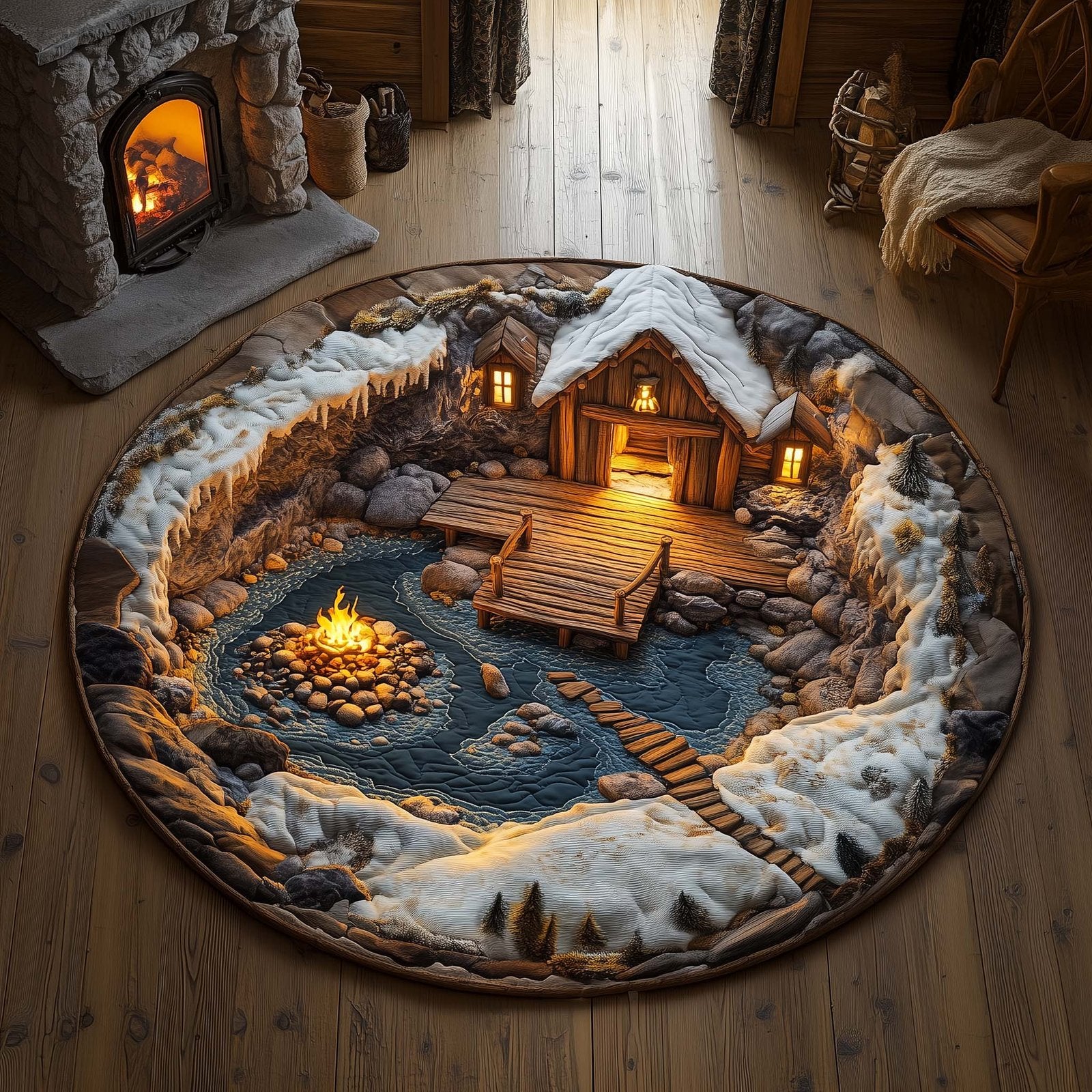 Winter Cabin Round Mat Rug - Nature Design | Serene Home Decor