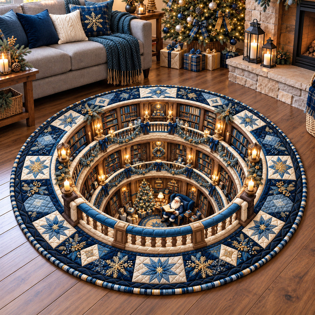 Winter Christmas Library Round Mat Rug - Seasonal Design | Festive Home Decor - washable non-slip printed rug