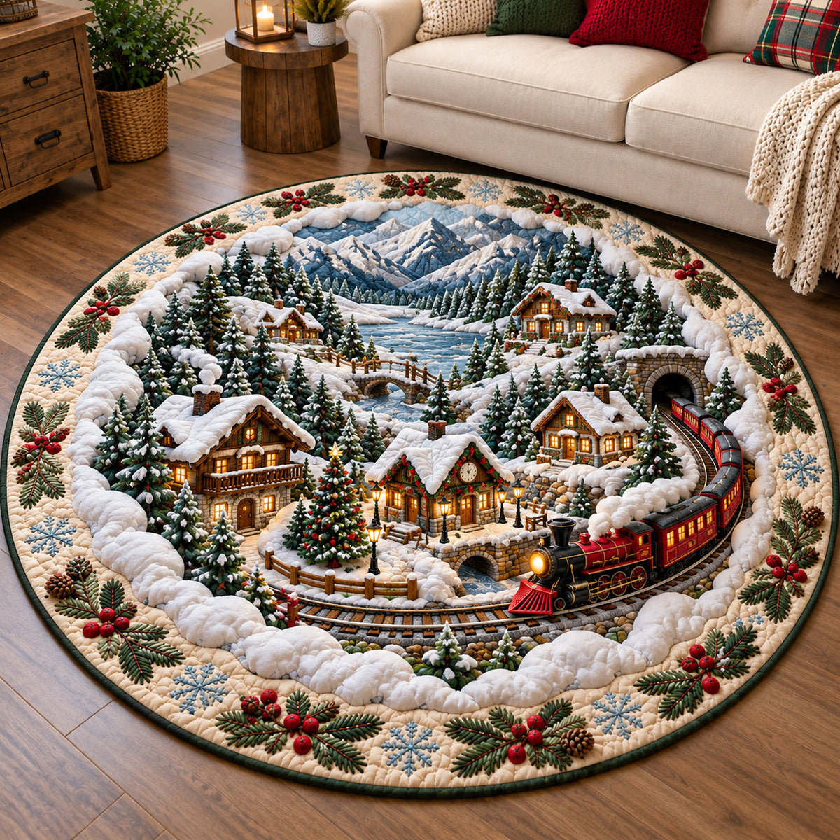 Winter Christmas Village Round Mat Rug - Seasonal Design | Festive Home Decor - washable non-slip printed rug
