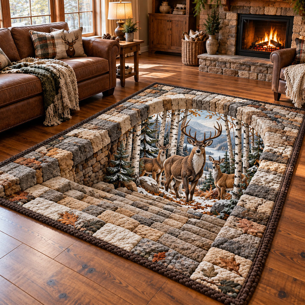 Winter Deer area rug in a living room
