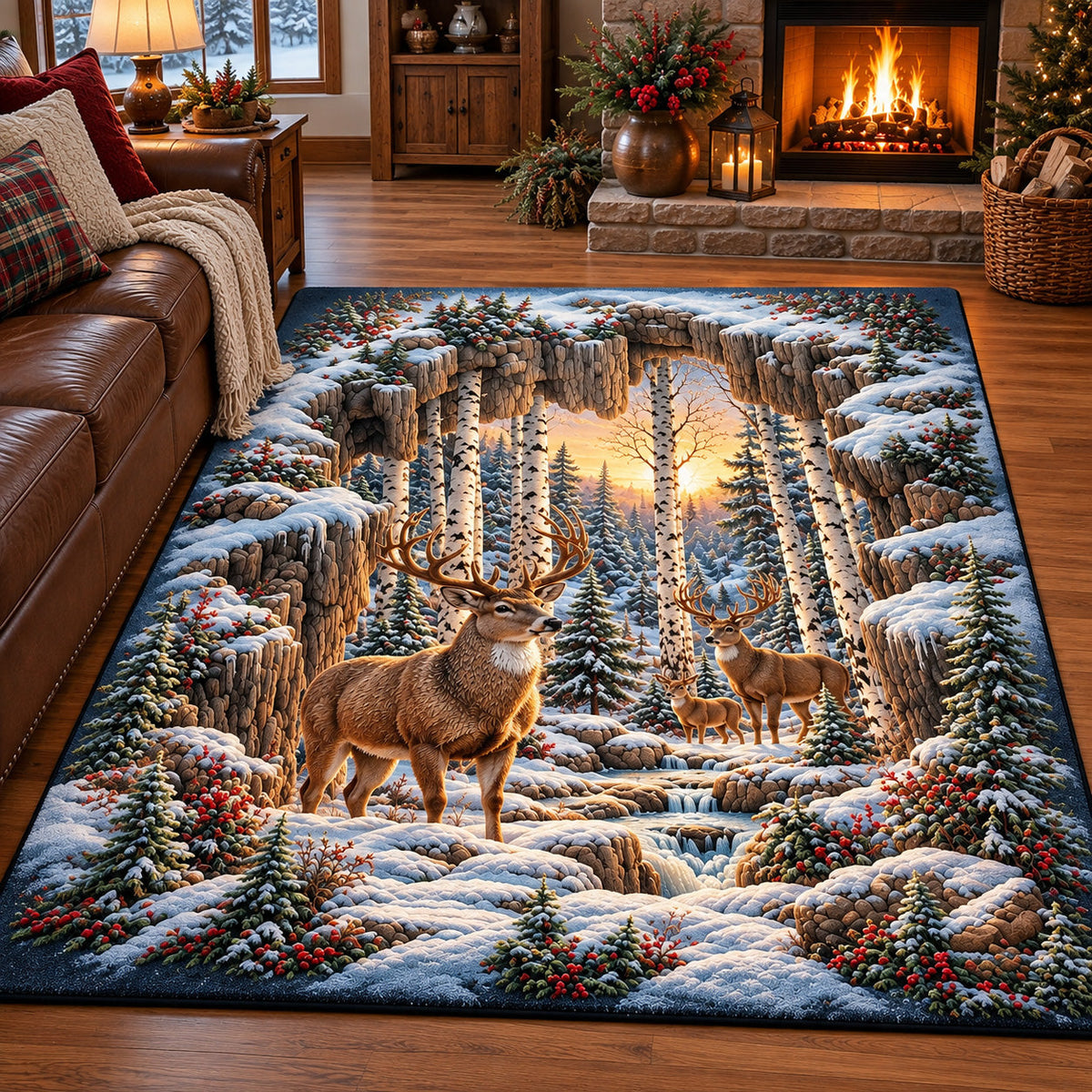 Winter Deer area rug in a living room