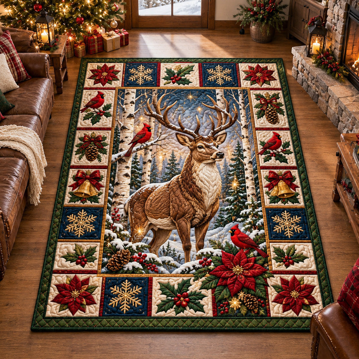 Winter Deer area rug in a living room
