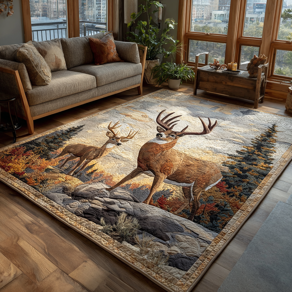 Winter Deer area rug in a living room