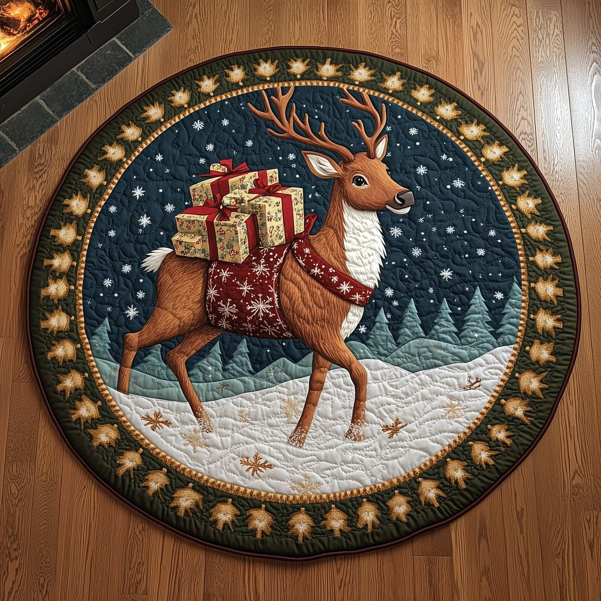 Winter Deer Round Mat Rug - washable non-slip printed rug