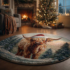 Winter Highland Cow Round Mat Rug - washable non-slip printed rug