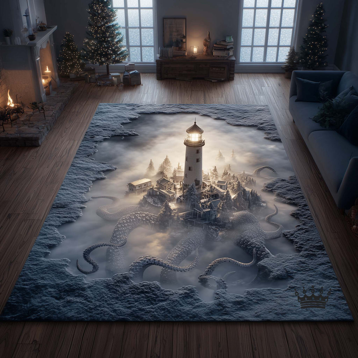 Winter Lighthouse area rug in a living room
