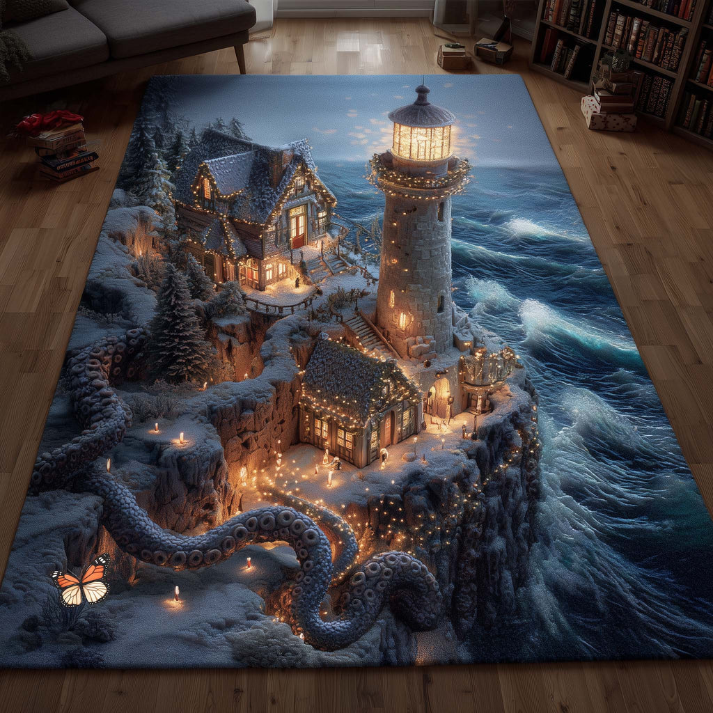 Winter Lighthouse area rug in a living room