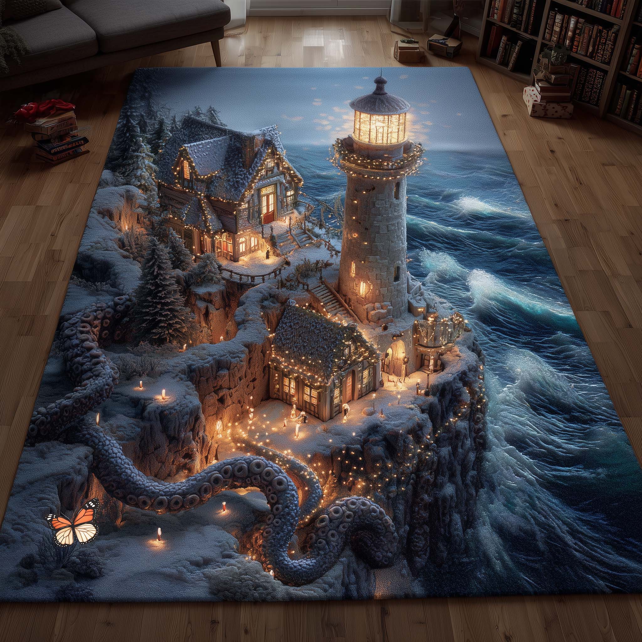 Winter Lighthouse area rug in a living room