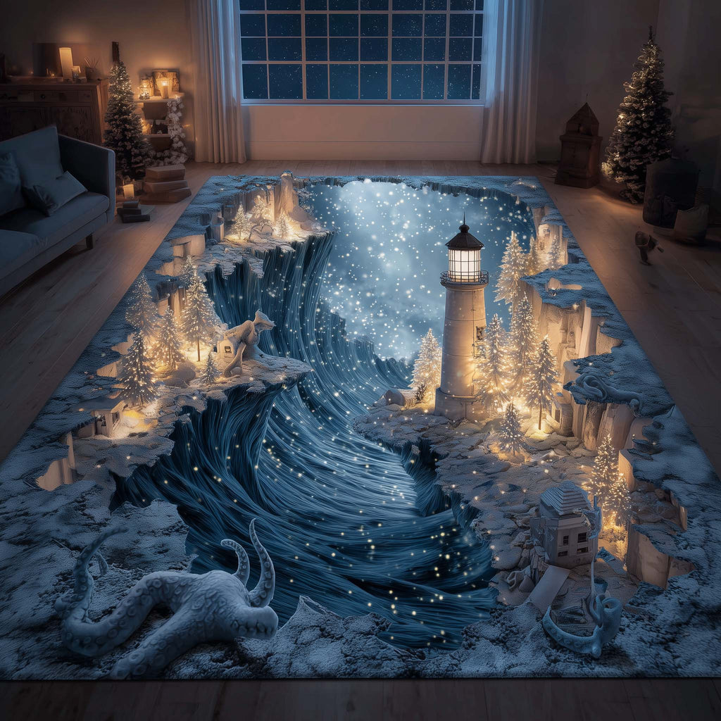 Winter Lighthouse area rug in a living room