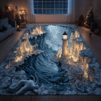 Winter Lighthouse area rug in a living room