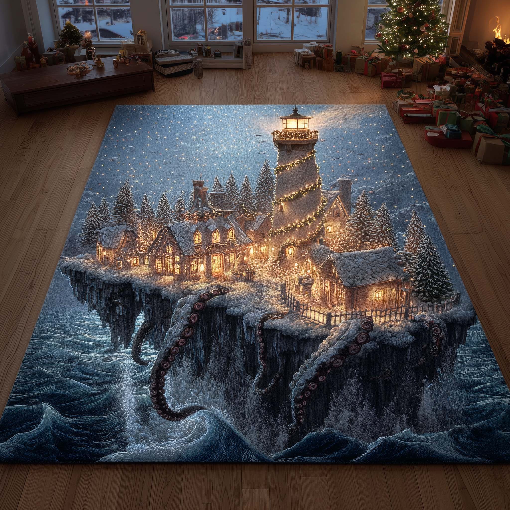 Winter Lighthouse area rug in a living room