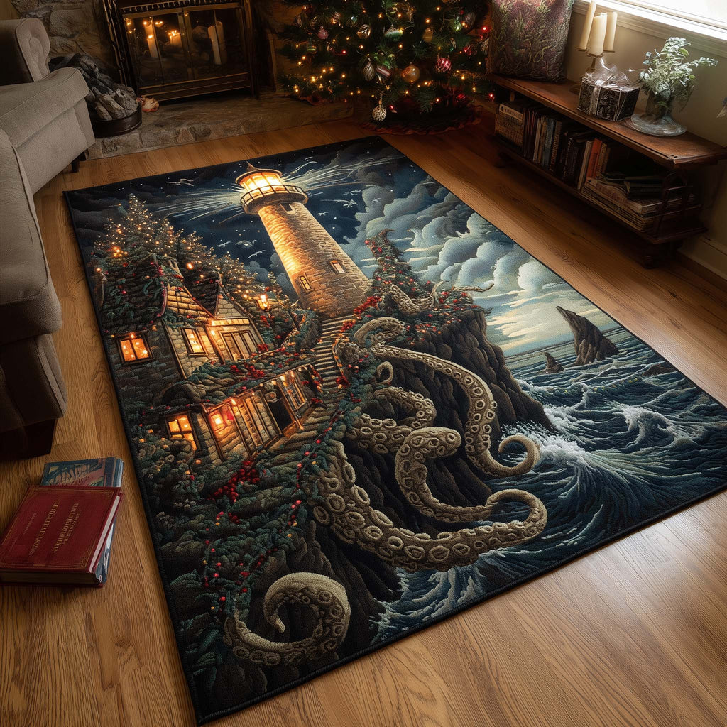 Winter Lighthouse area rug in a living room