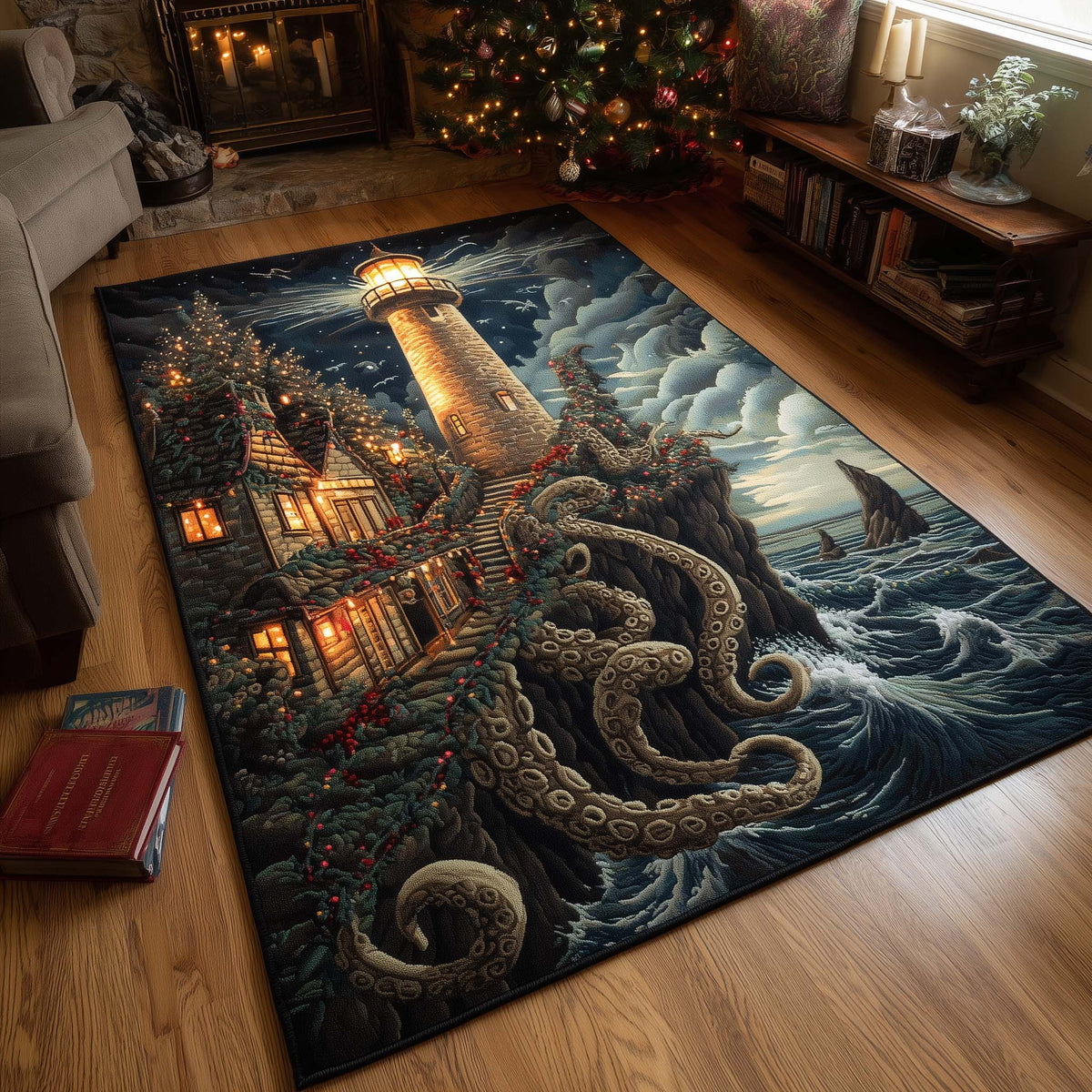 Winter Lighthouse area rug in a living room
