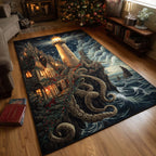 Winter Lighthouse area rug in a living room
