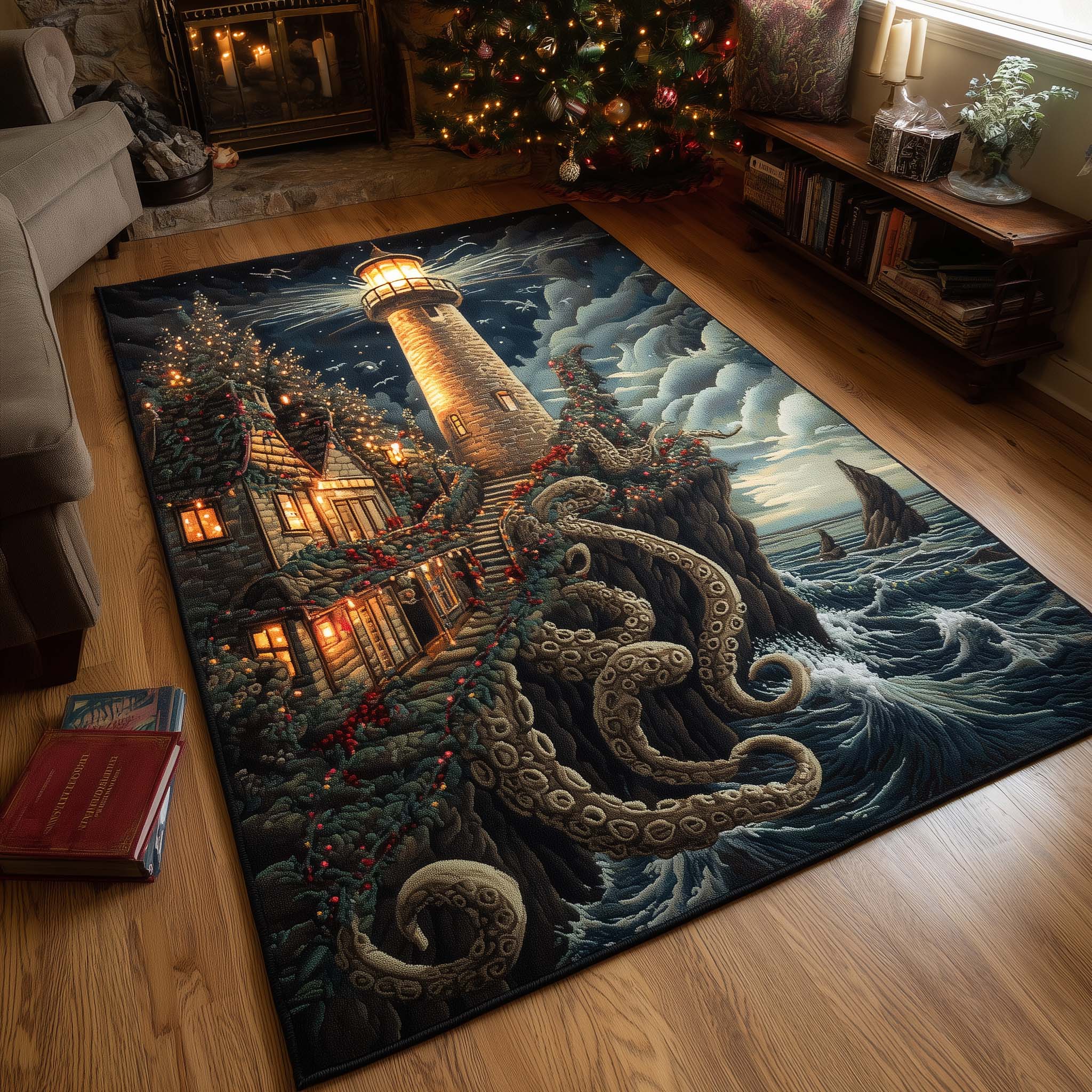 Winter Lighthouse area rug in a living room