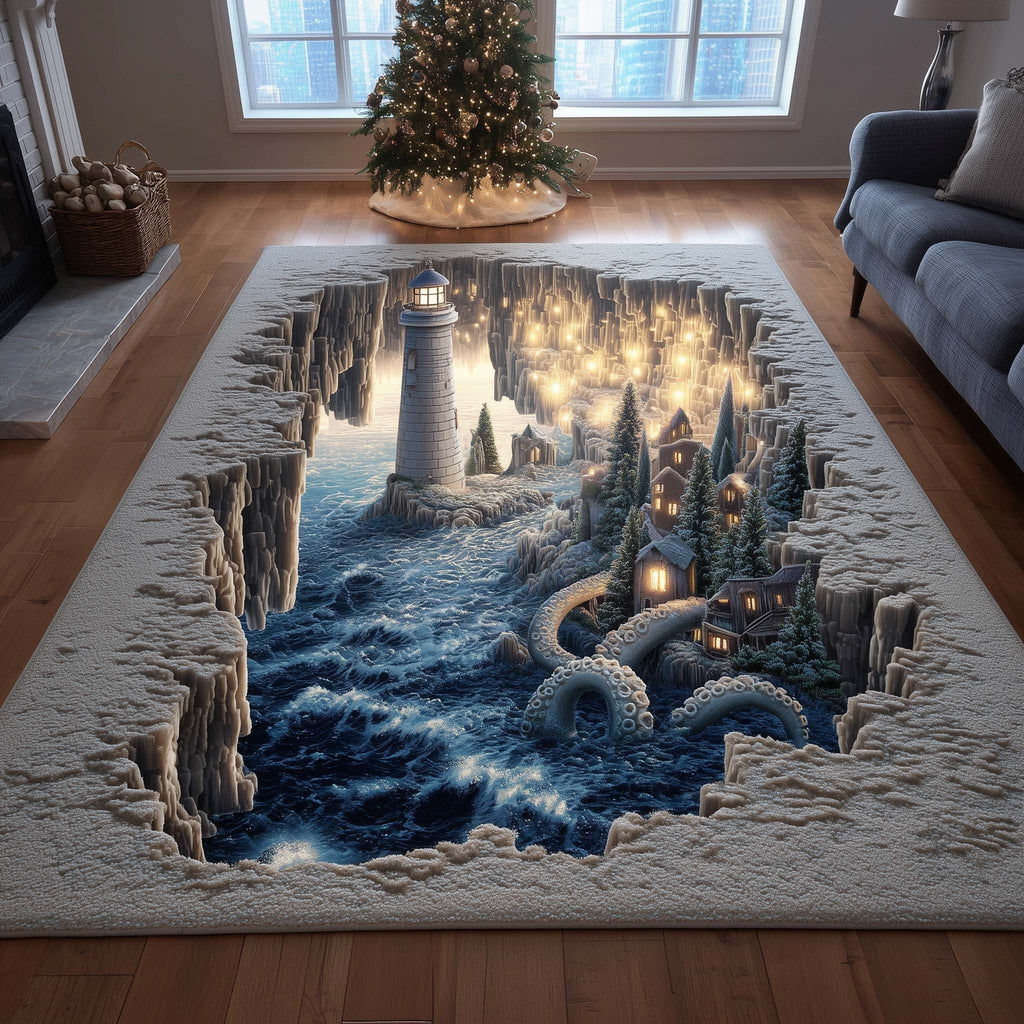 Winter Lighthouse area rug in a living room