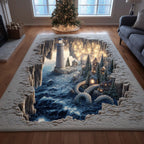 Winter Lighthouse area rug in a living room