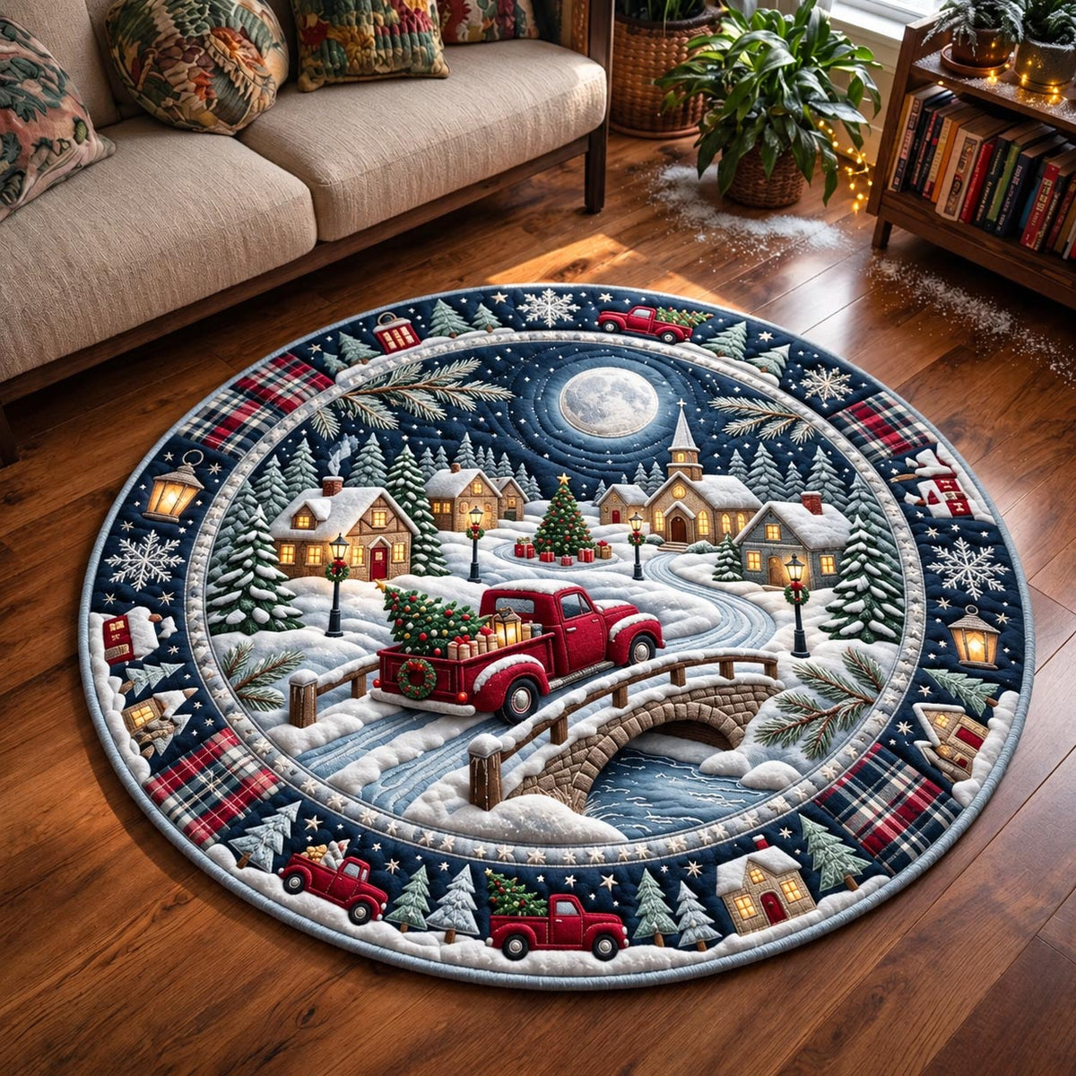 Winter Moon Truck Round Mat Rug - Nature Design | Serene Home Decor - washable non-slip printed rug