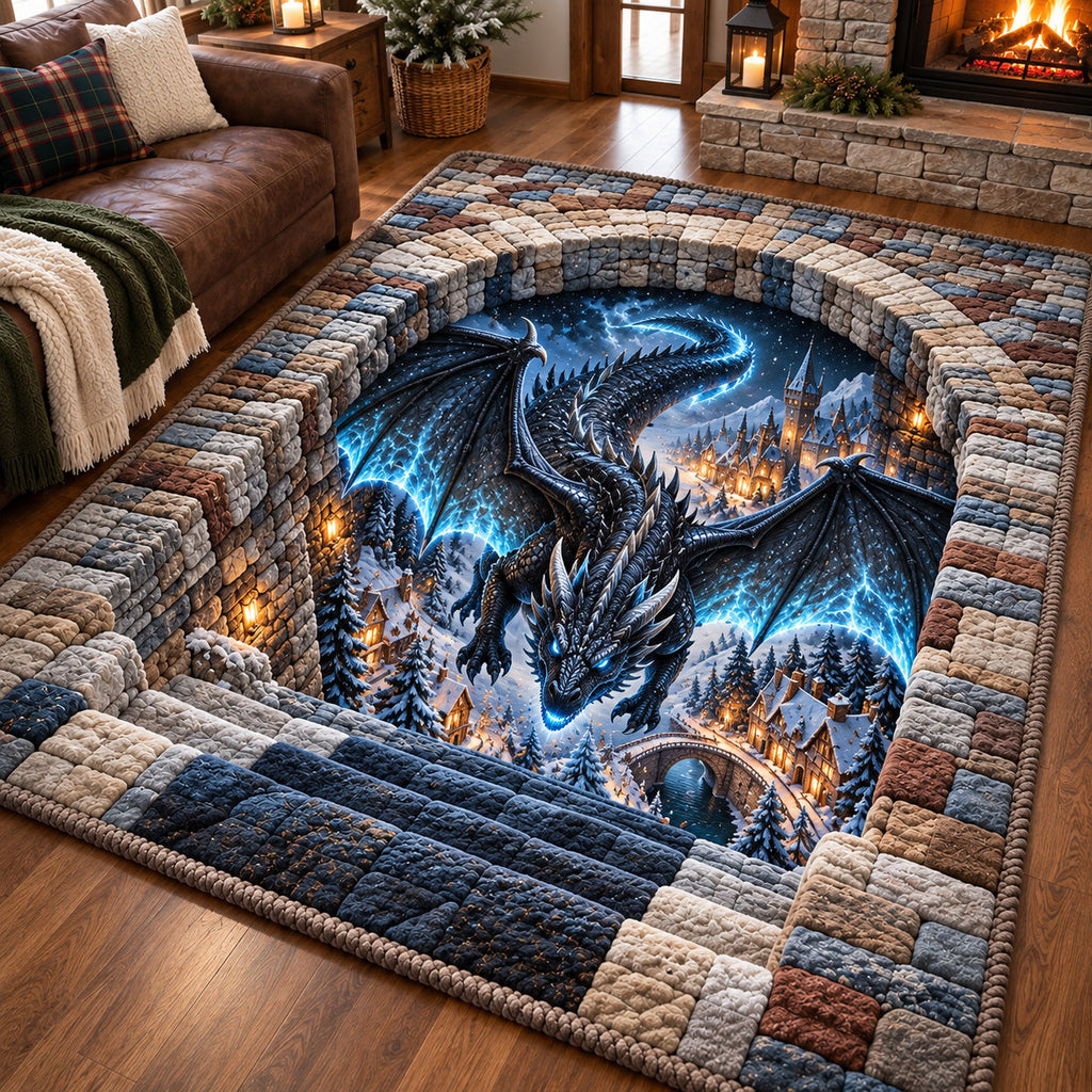 Winter Night Dragon area rug in a living room