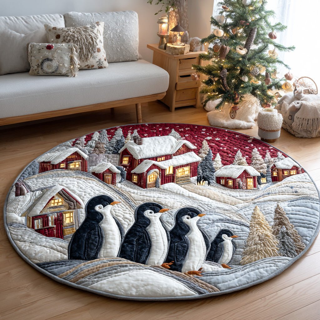 Winter Penguin Parade Round Mat Rug - washable non-slip printed rug