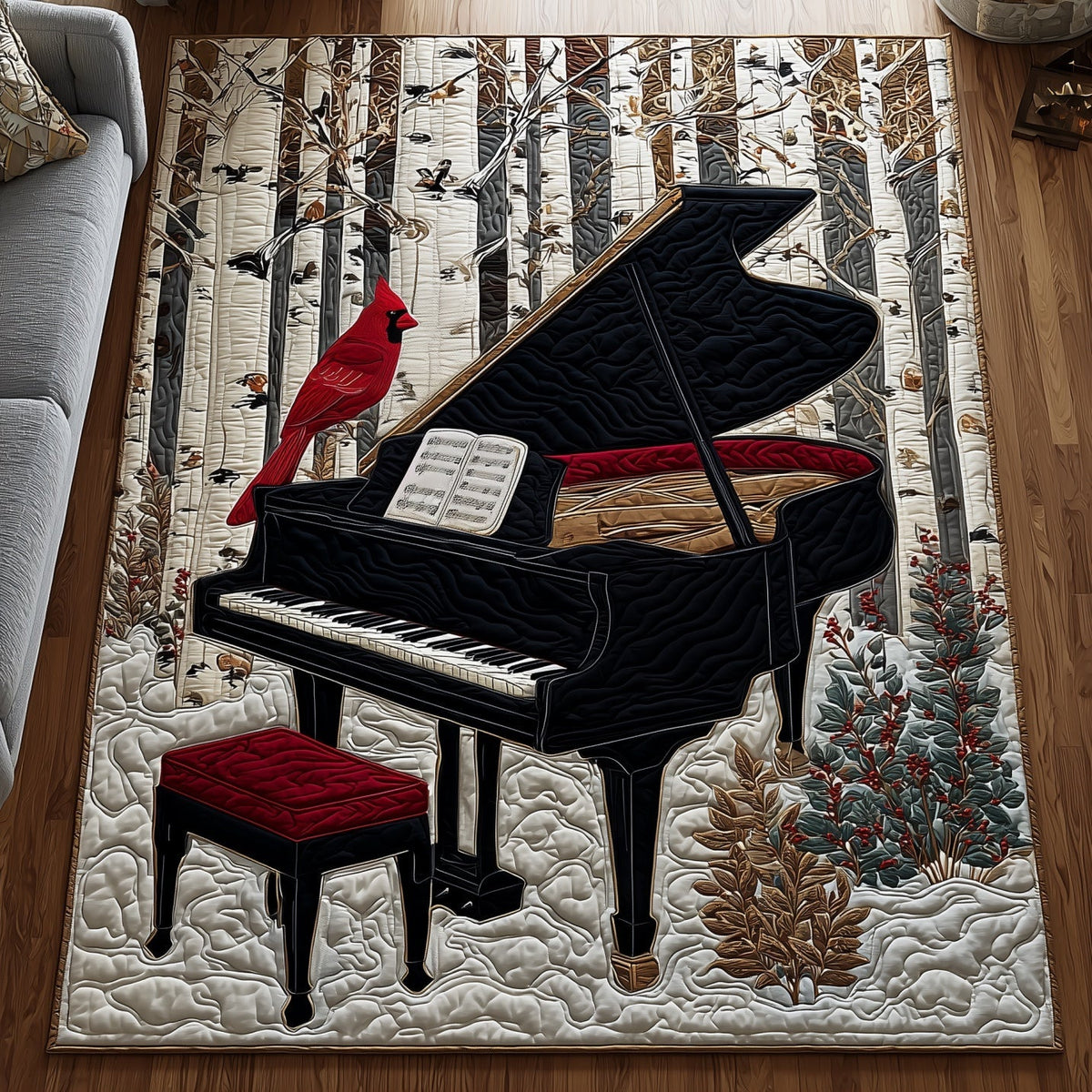 Winter Piano area rug in a living room