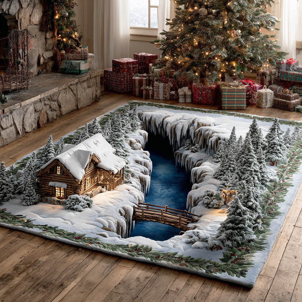 Winter Pine Woodland area rug in a living room