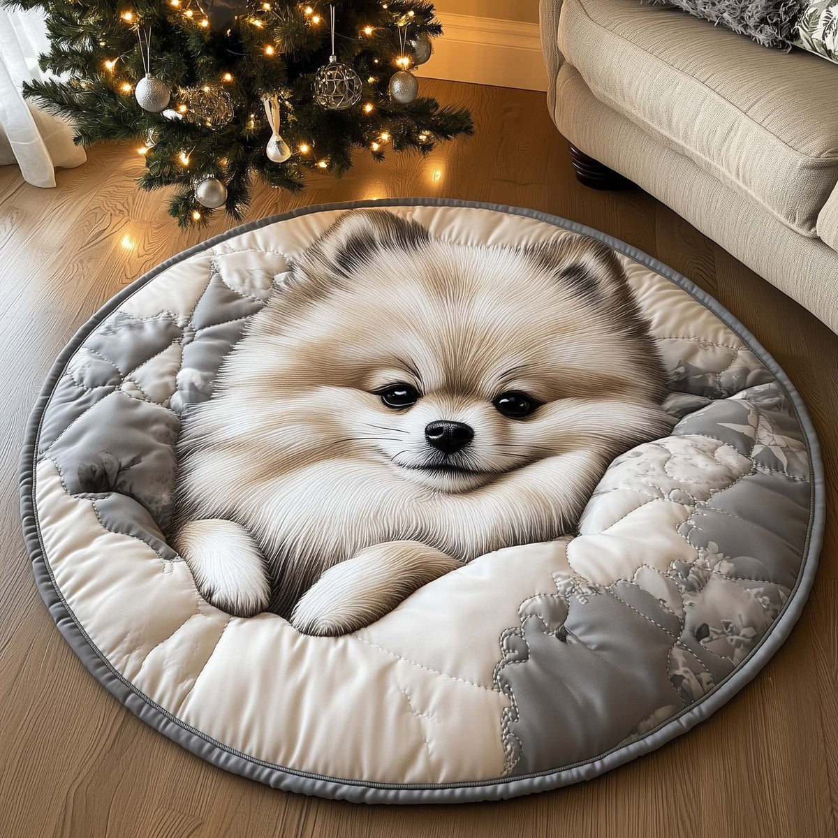 Winter Pomeranian Round Mat Round Mat Rug - washable non-slip printed rug