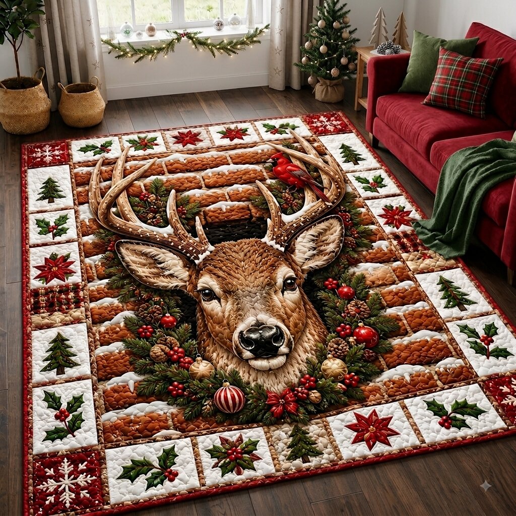 Winter Reindeer area rug in a living room