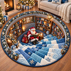 Winter Santa Library Round Mat Rug - Seasonal Design | Festive Home Decor - washable non-slip printed rug