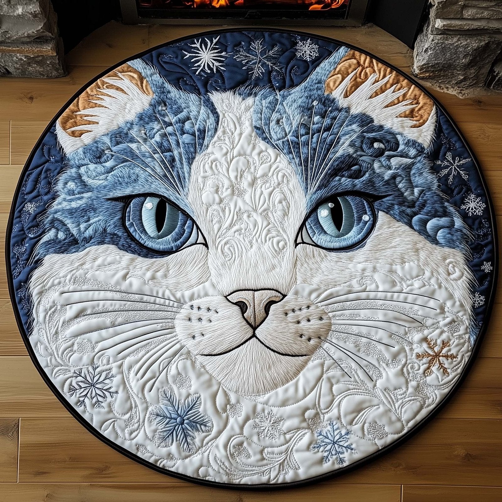 Winter Snow Cat Round Mat Rug - Cute Pet Design | Animal Printed Home Decor