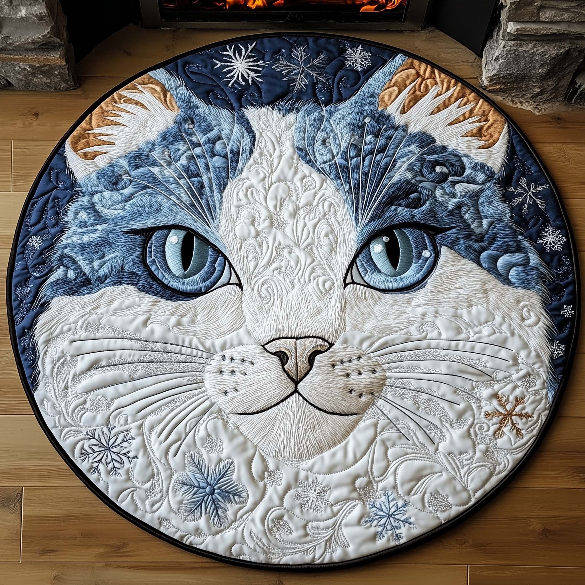 Winter Snow Cat Round Mat Rug