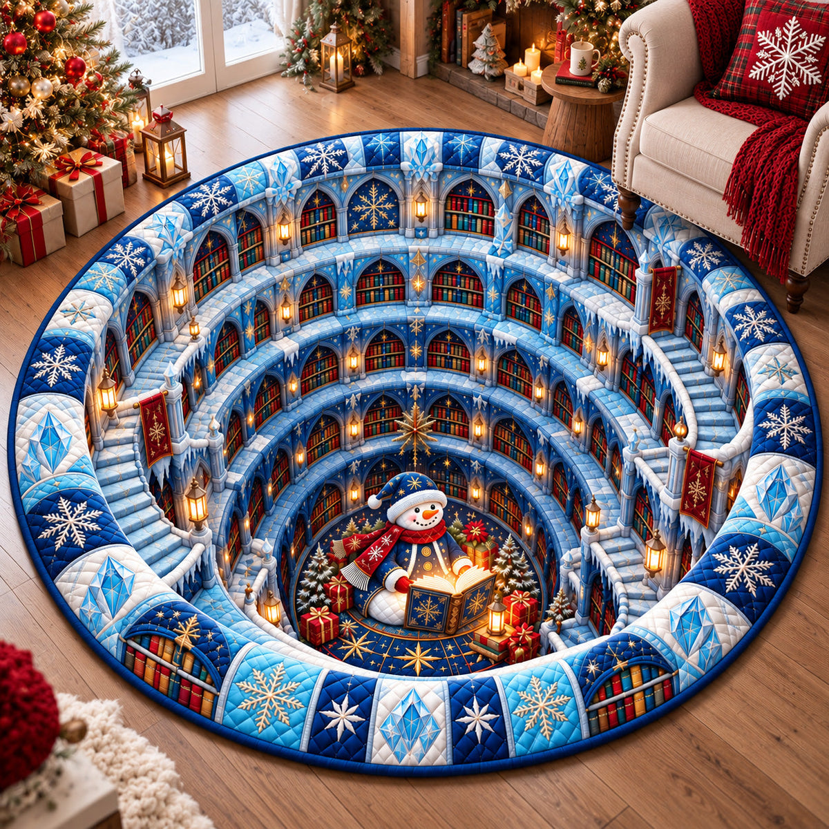 Winter Snowflake Library Round Mat Rug - Nature Design | Serene Home Decor - washable non-slip printed rug