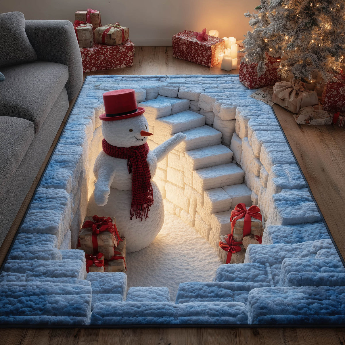 Winter Snowman area rug in a living room