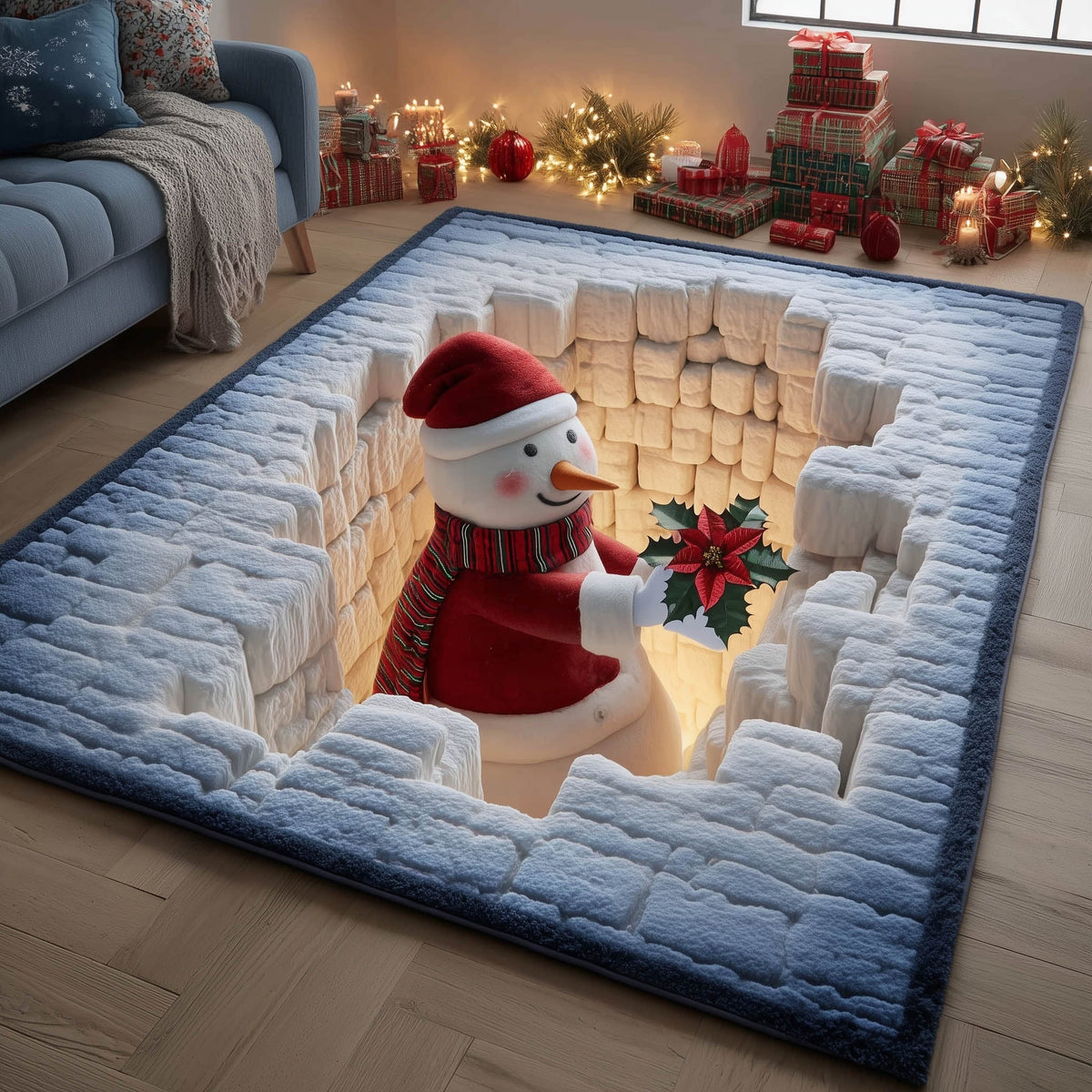 Winter Snowman area rug in a living room