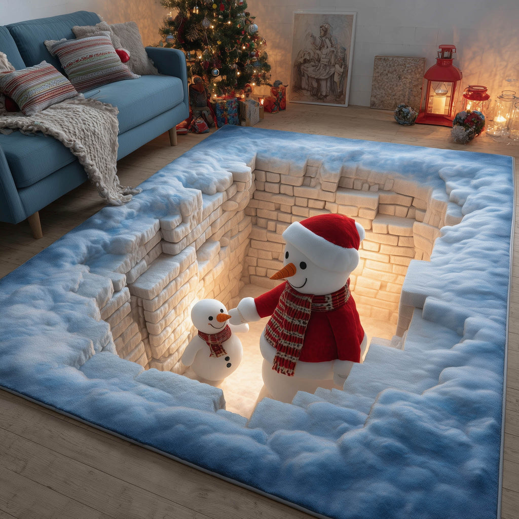 Winter Snowman area rug in a living room