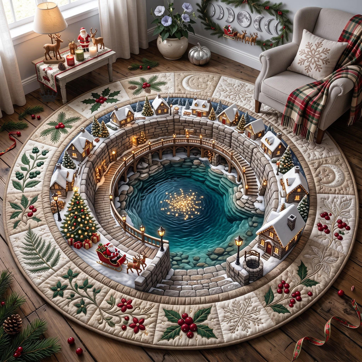 Winter Village Round Mat Rug - Nature Design | Nature Round Rug - washable non-slip printed rug