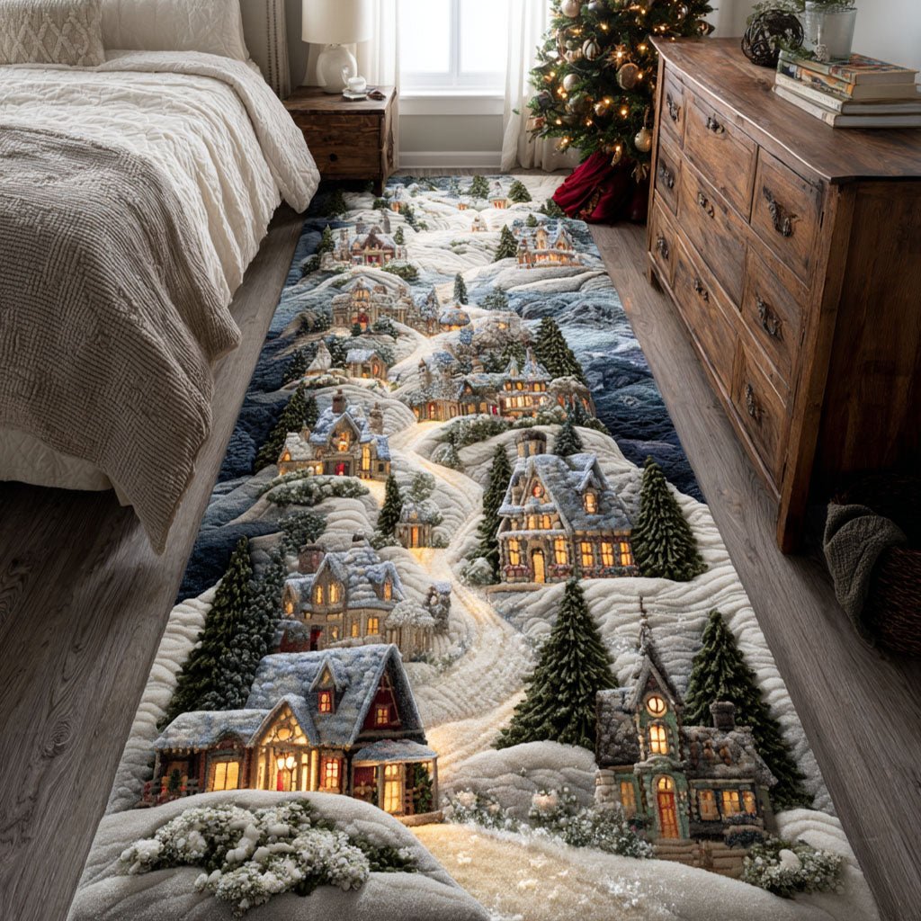 Winter Village Trail Runner Carpet Runner Rug - Cute Pet Design | Animal Printed Runner Rug