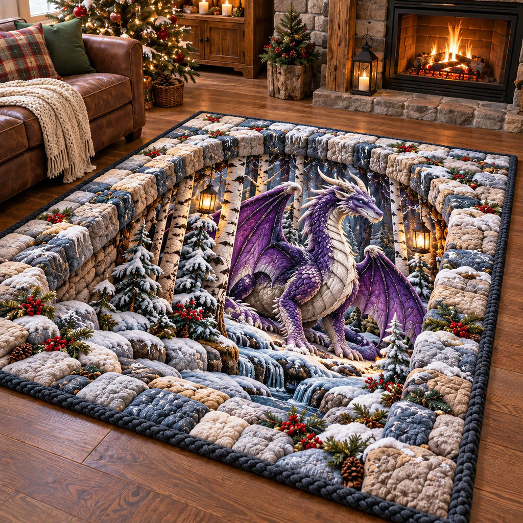 Winter Woodland Dragon area rug in a living room