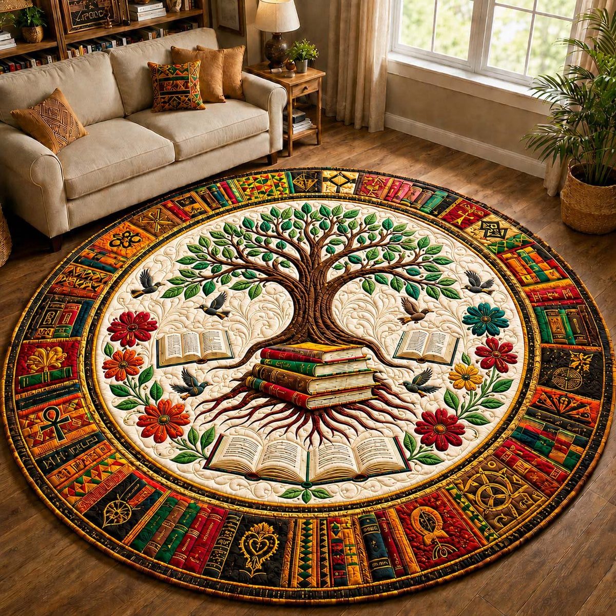 Wisdom Tree Round Mat Rug - washable non-slip printed rug