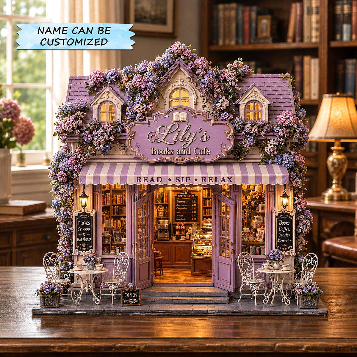 Wisteria Book Cafe wooden block, laser-cut 3-layer wood