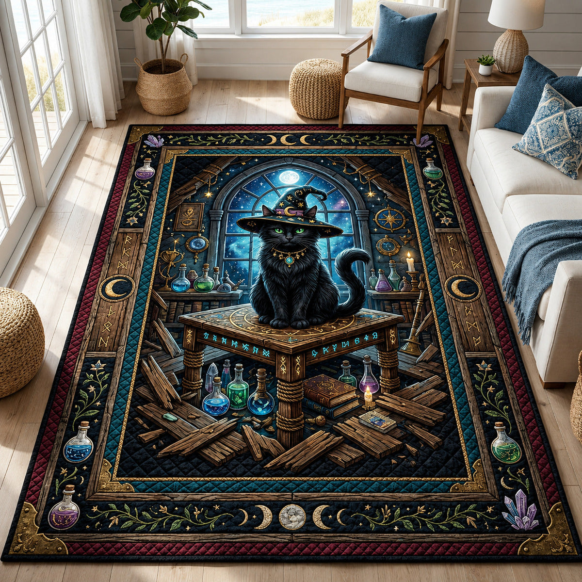 Witch Black Cat area rug in a living room