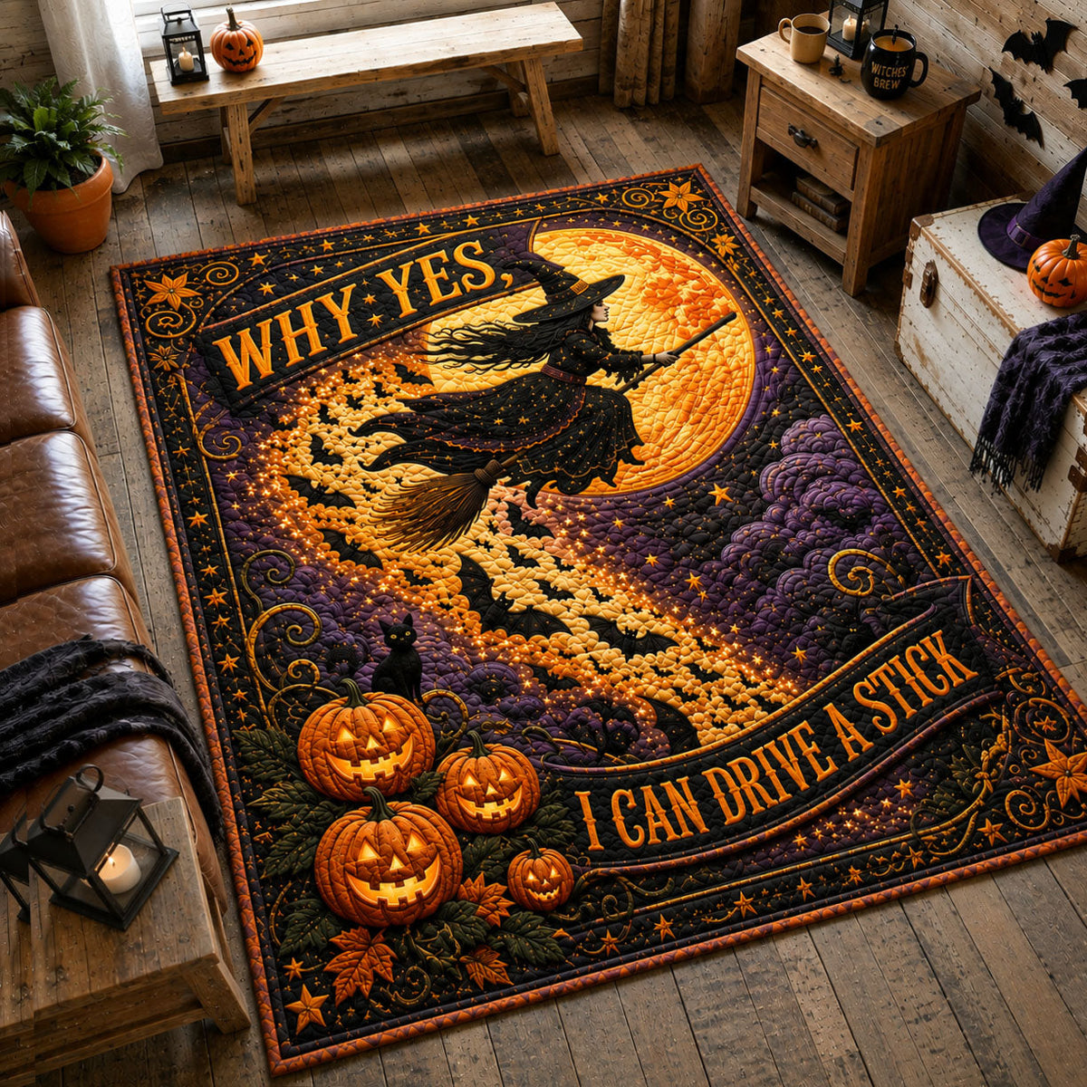 Witch Broom Flight area rug in a living room