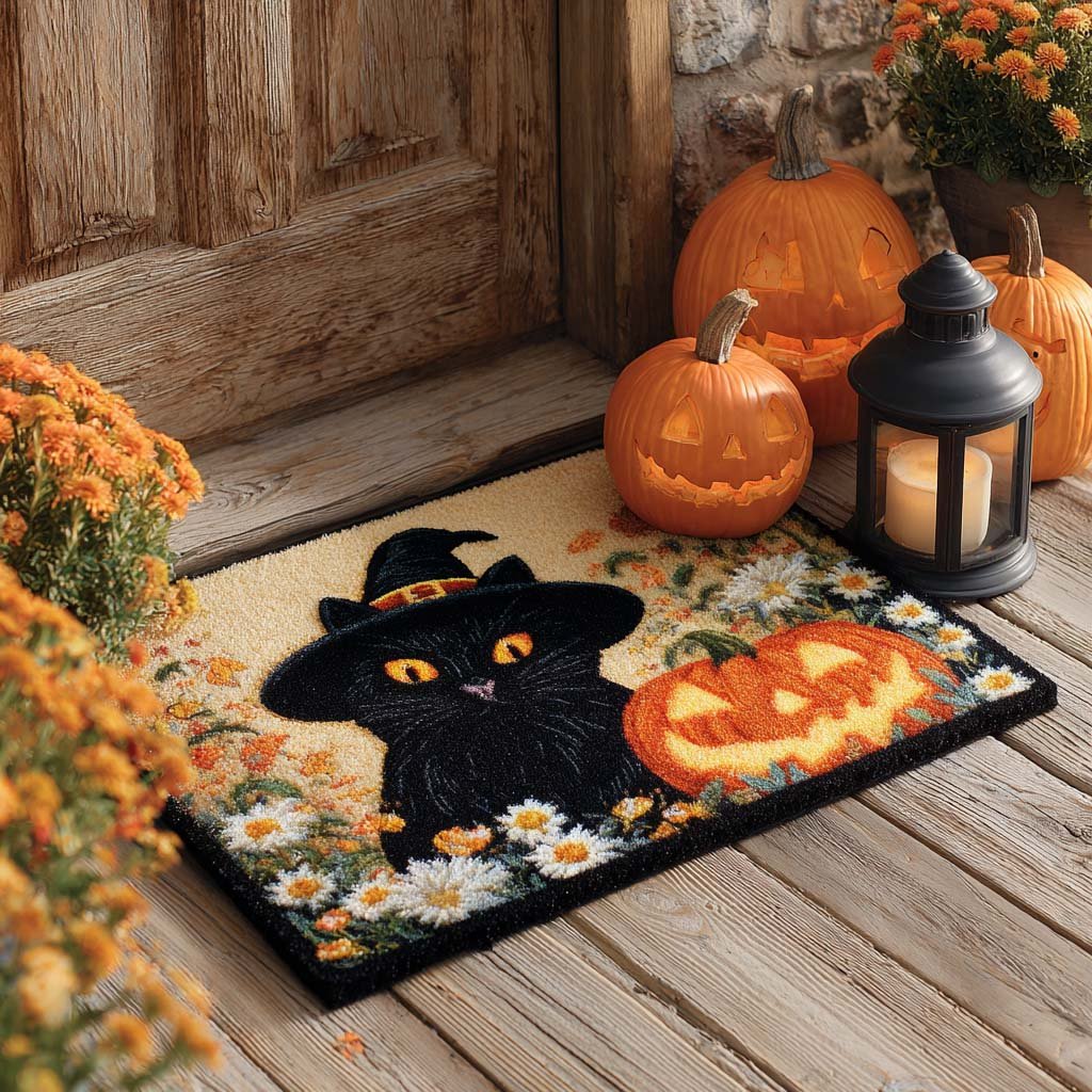 Witch Cat Garden Doormat - Seasonal Holiday Design | Printed Welcome Doormat